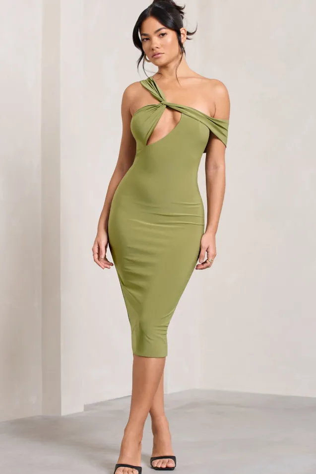 Ella | Olive Asymmetric Neck Cut Out Midi Dress