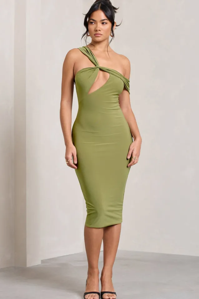 Ella | Olive Asymmetric Neck Cut Out Midi Dress