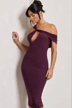 Ella | Plum Asymmetric Neck Cut Out Midi Dress