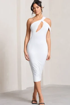 Ella | White Asymmetric Neck Cut Out Midi Dress