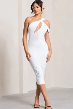 Ella | White Asymmetric Neck Cut Out Midi Dress