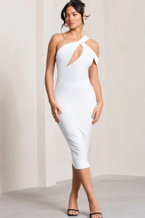 Ella | White Asymmetric Neck Cut Out Midi Dress