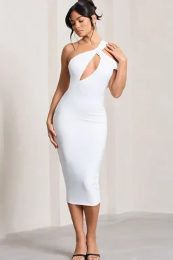 Ella | White Asymmetric Neck Cut Out Midi Dress