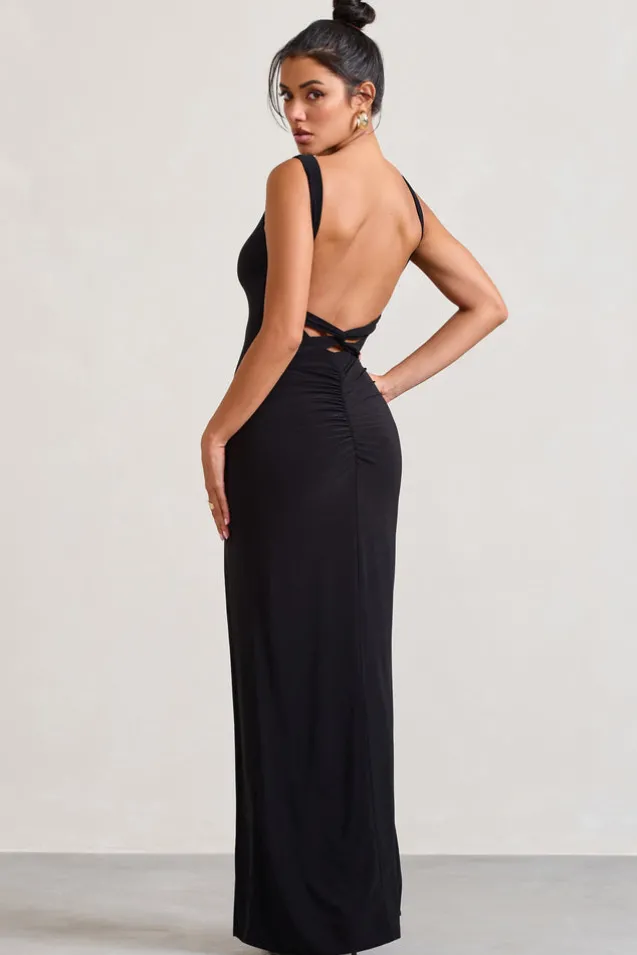 Elle | Black Square-Neck Open-Back Split Maxi Dress