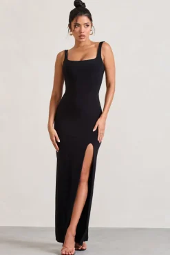 Elle | Black Square-Neck Open-Back Split Maxi Dress