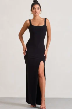 Elle | Black Square-Neck Open-Back Split Maxi Dress