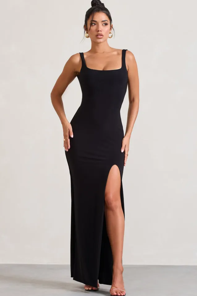 Elle | Black Square-Neck Open-Back Split Maxi Dress