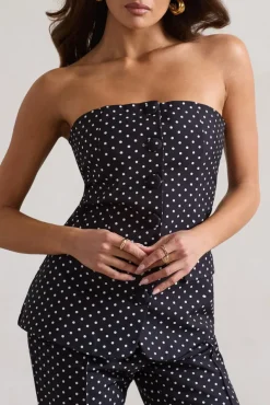 Elliana | Black Polka Dot Strapless Button Front Tailored Top