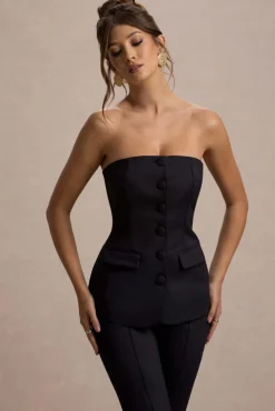Elliana | Black Strapless Button Front Tailored Top