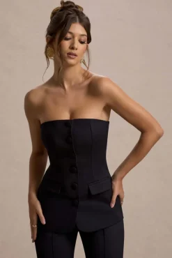 Elliana | Black Strapless Button Front Tailored Top