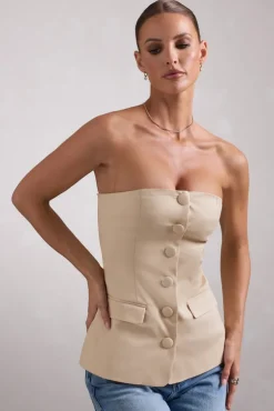 Elliana | Stone Strapless Button Front Tailored Top