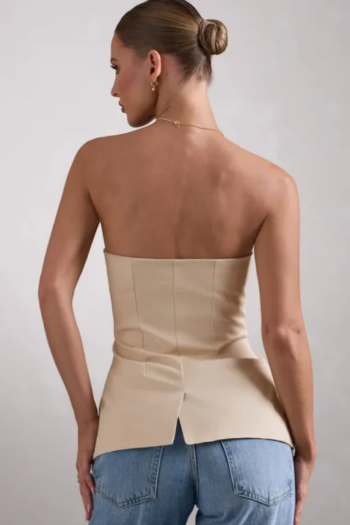Elliana | Stone Strapless Button Front Tailored Top