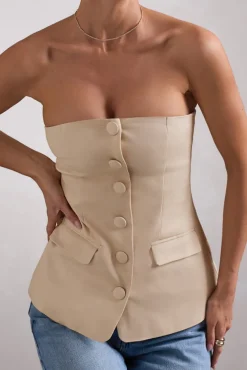 Elliana | Stone Strapless Button Front Tailored Top