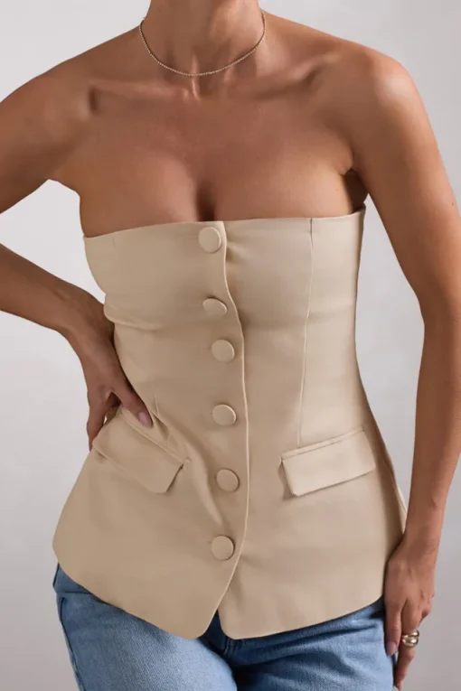 Elliana | Stone Strapless Button Front Tailored Top