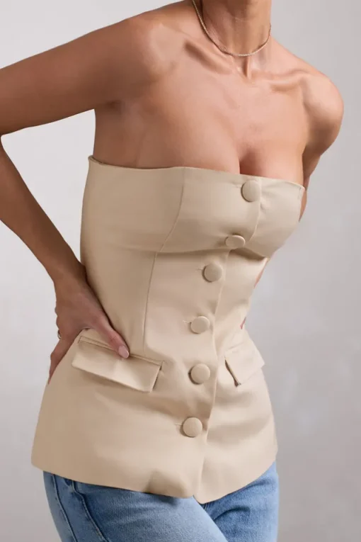 Elliana | Stone Strapless Button Front Tailored Top