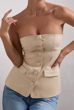 Elliana | Stone Strapless Button Front Tailored Top