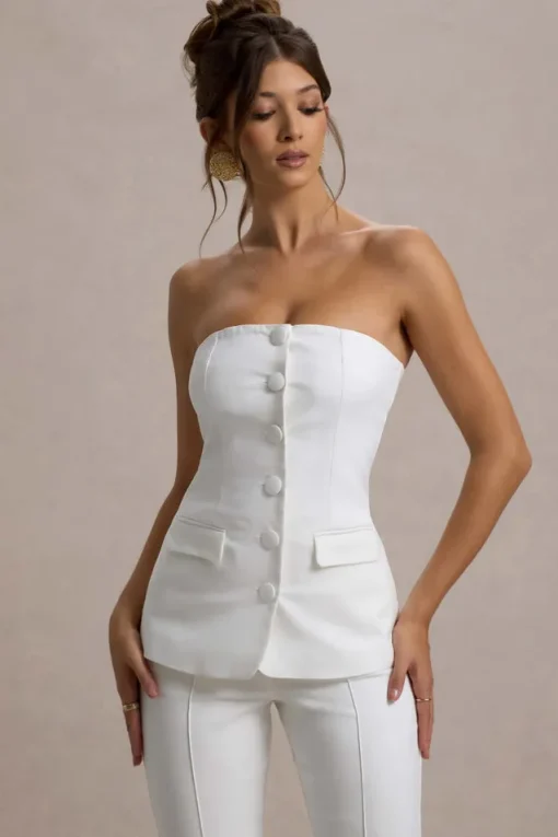 Elliana | White Strapless Button Front Tailored Top