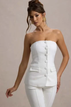 Elliana | White Strapless Button Front Tailored Top