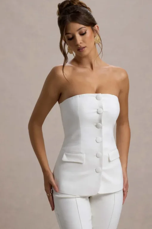 Elliana | White Strapless Button Front Tailored Top