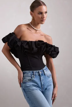 Ellie | Black Structured Statement Bardot Bodysuit