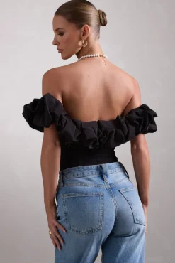 Ellie | Black Structured Statement Bardot Bodysuit