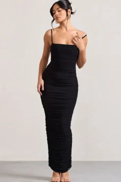 Ellis | Black Ruched Mesh Strappy Bodycon Maxi Dress
