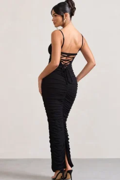 Ellis | Black Ruched Mesh Strappy Bodycon Maxi Dress