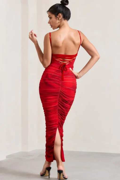 Ellis | Red Rose Printed Ruched Mesh Strappy Bodycon Maxi Dress