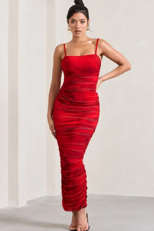 Ellis | Red Rose Printed Ruched Mesh Strappy Bodycon Maxi Dress