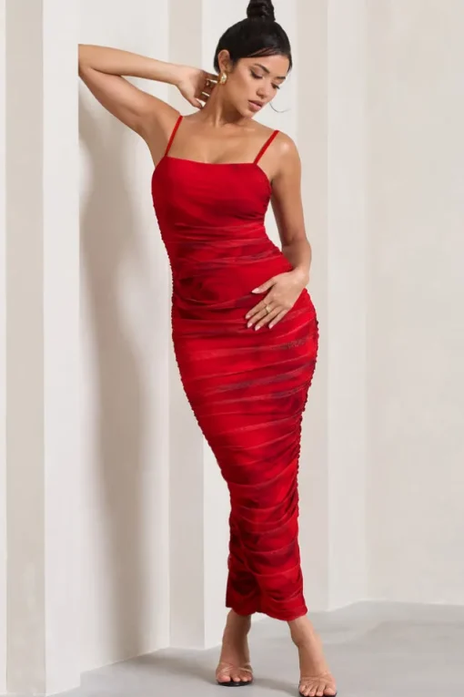Ellis | Red Rose Printed Ruched Mesh Strappy Bodycon Maxi Dress