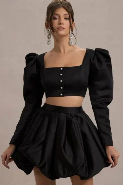 Eloisa | Black Satin Puff-Sleeve Cropped Jacket