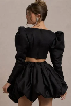Eloisa | Black Satin Puff-Sleeve Cropped Jacket