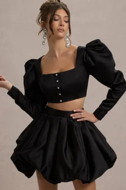 Eloisa | Black Satin Puff-Sleeve Cropped Jacket