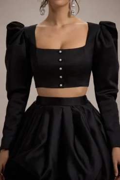 Eloisa | Black Satin Puff-Sleeve Cropped Jacket