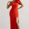 Elowen | Orange Asymmetric Maxi Dress With Bow