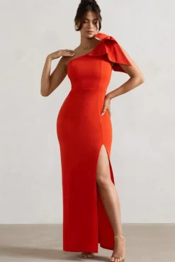 Elowen | Orange Asymmetric Maxi Dress With Bow