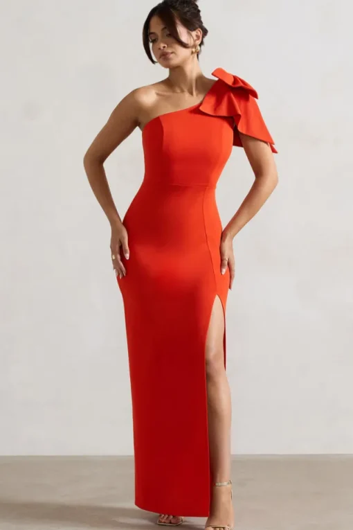 Elowen | Orange Asymmetric Maxi Dress With Bow