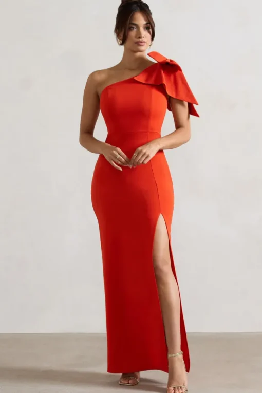 Elowen | Orange Asymmetric Maxi Dress With Bow