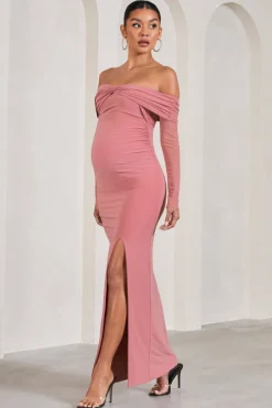 Elsie | Blush Pink Bardot Long-Sleeved Maternity Maxi Dress