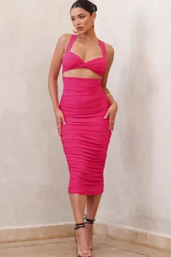 Embody | Hot Pink Cut Out Twist Front Ruched Midi Dress