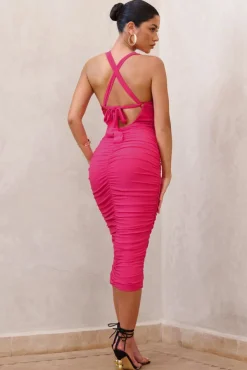 Embody | Hot Pink Cut Out Twist Front Ruched Midi Dress