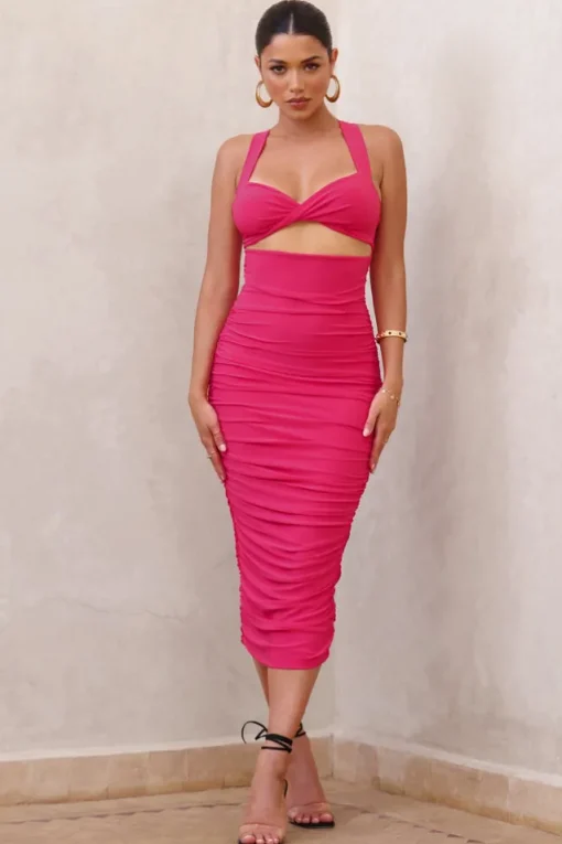 Embody | Hot Pink Cut Out Twist Front Ruched Midi Dress
