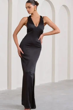 Emery | Black Satin Plunge Neck Strappy Back Maxi Dress