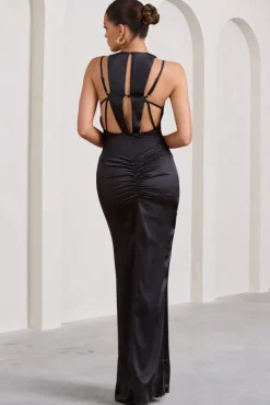 Emery | Black Satin Plunge Neck Strappy Back Maxi Dress