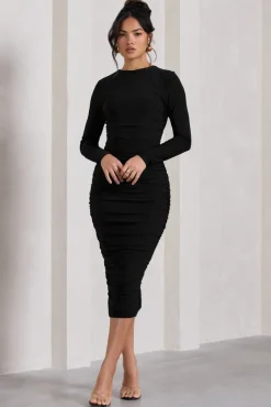 Emilie | Black Ruched Long-Sleeve Midi Dress