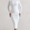 Emilie | White Ruched Long-Sleeve Midi Dress