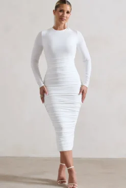 Emilie | White Ruched Long-Sleeve Midi Dress