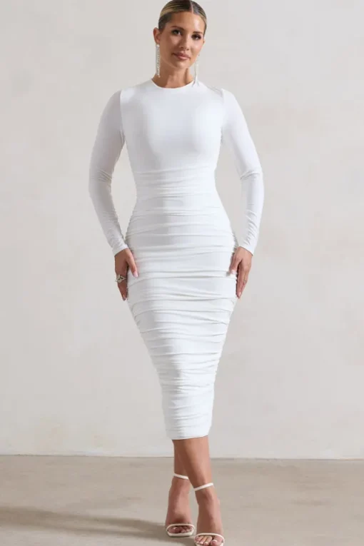 Emilie | White Ruched Long-Sleeve Midi Dress