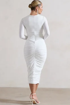 Emilie | White Ruched Long-Sleeve Midi Dress