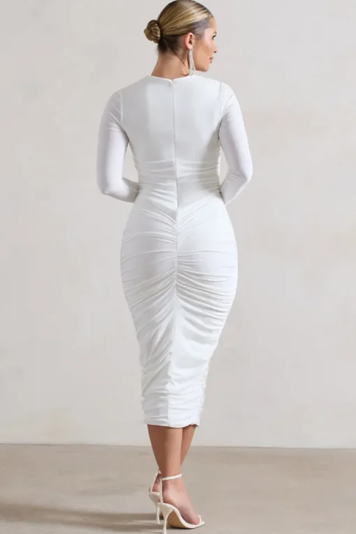 Emilie | White Ruched Long-Sleeve Midi Dress